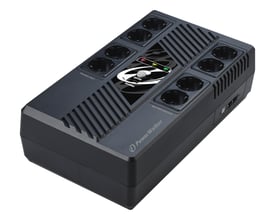 PowerWalker VI 800 MS UPS Schuko set fra toppen, viser otte Schuko-stik og et LED-display med statusindikatorer.