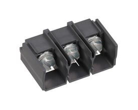Schneider Electric terminalblok til LRD3 viser tre tilslutningspunkter med metalbolte i sort plast på hvid baggrund.