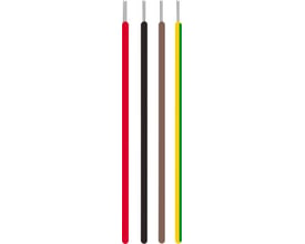 Fleksibel silikoneledning SIF, 1x2,5, sort RG med afslutning af fire farver: rød, sort, brun og gul/grøn.