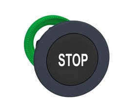 Schneider Electric Harmony XB5 flush trykknap i sort med hvidt "STOP" mærkat, monteringsring i grøn synlig bagpå.