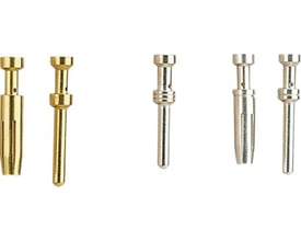 Forskellige Harting crimpbøsninger i guldfarvet og sølvfarvet metal, velegnet til 1.0mm2 kabler og 16A.