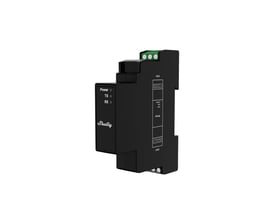 Shelly Pro Modbus Add-on RS485, sort Modbus-tilføjelsesmodul med grønne tilslutningsklemmer, set skråt forfra.