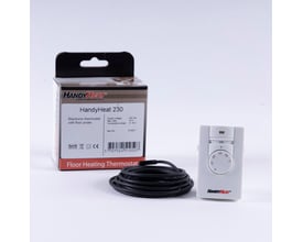 Jevi HH 230-F elektronisk termostat med gulvføler og sort kabel, samt produktæske med tydelige specifikationer.