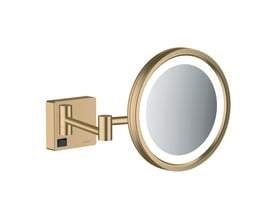 Hansgrohe AddStoris makeup spejl i børstet bronze med LED-lys og 3x forstørrelse, vist med vægmonteringsarm.