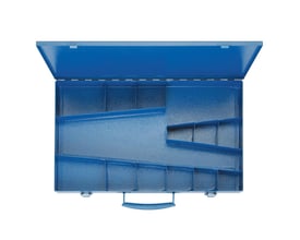 Klauke SK65L stålkasse åben, viser 13 rum fordelt på 12 små og 1 stort, med blå hammerslaglakeret finish.