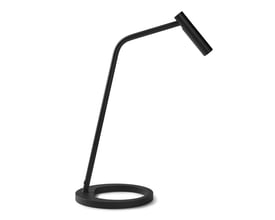 ANTIDARK Table T1 LED bordlampe i sort aluminium med en rund base og et justerbart lampehoved, der afgiver varmt hvidt lys.