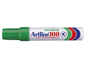 Artline 100 permanent marker i grøn farve med 'Xylene Free' og 'High Performance' tekst, aluminiumshylster.