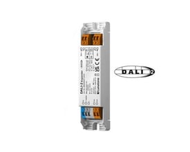 DALI-2 Expander S modul, en DALI-2 certificeret enhed til udvidelse af DALI-systemer med orange og blå terminaler.