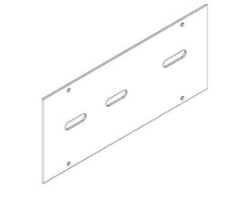 Eaton Tabula iso-skærmplade Q-box 2, vist som en teknisk tegning med tre aflange monteringshuller og fire små forborede huller.