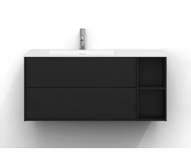 Svedbergs Epos underskab i sort ask, 100 x 45 cm, med to skuffer og åbne sidehylder under en hvid håndvask.