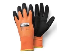 Work Termo heldyppede latex handsker i str. 9 med orange ribkrave og sorte, teksturerede fingre og håndflade. Logo og CE-mærke ses tydeligt.