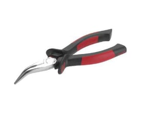 LAUS 1000V vinklet spidstang på 200 mm med røde og sorte ergonomiske greb, savtakkede kæber og skærefunktion.