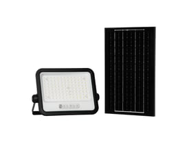 V-TAC 10 W solcelle-LED-projektør med sensor og separat solpanel, set forfra med sort ramme og hvide LED'er.