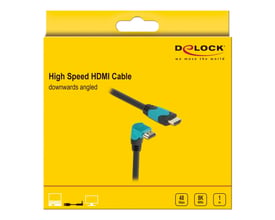 Gul DeLock-detailæske med illustration af det sorte HDMI 2.1-kabel på 1 meter med 90° nedadvinklet stik.
