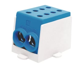 HLAK klemme 70-1/2 med blå top og hvid bund, viser to indgange for 70mm2 ledere og otte huller på toppen.