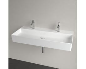 Oversigt over den hvide Villeroy & Boch Memento 2.0 vask med centreret afløb og krom detaljer, monteret på væggen.