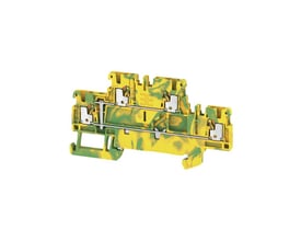 Detaljeret billede af Weidmüller A2T gennemgangsklemme, der viser dens interne fjederterminaler og push-in teknologi til 1,5mm² ledninger.