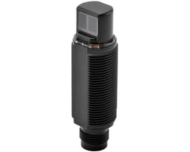 Omron E3RA-DP22 fotoelektrisk sensor med M18 gevind og radial konstruktion, sort plast og diffus rød LED.