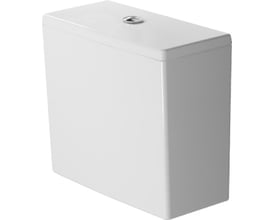 Hvid Duravit cisterne fra ME BY Starck serien med krom skylleknap på toppen, vist på en neutral baggrund.