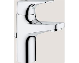 Grohe Start Flow håndvaskarmatur med etgrebsbetjening i skinnende krom, vist fra siden med tydeligt metalgreb og vandbesparende tud.