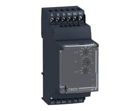 Schneider Electric RM35-L niveaumålerelæ med 24-240V AC/DC drift og tydelige justeringsknapper på fronten.
