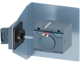 Siemens sidemonteret drejegreb med standard montageplade, viser tænd/sluk-indikator og nødstopknap.