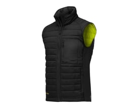 Snickers Workwear termovest 4512 i sort, str. M, vist fra siden med synlig neongul inderfor.