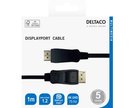 Emballagen til Deltaco DisplayPort 1.2-kabel, 1 meter, sort, viser kablets stik og understøttelse af 4K.