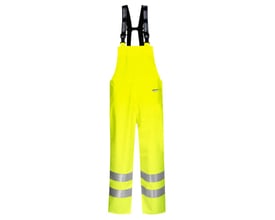 Lyngsøe Rainwear Hi-vis gul regnoverall til mænd, model LR59-53 PU i størrelse S, med elastiske seler og refleksbånd ved anklerne.