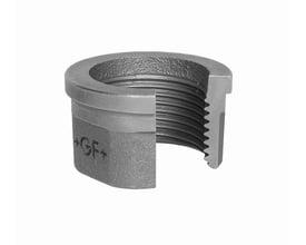 Georg Fischer omløber sort med en 1 1/4 x 2 gevindstørrelse, lavet af blødstøbt jern med tydeligt synligt GF+ logo.