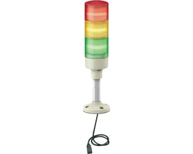Schneider Electric lystårn Ø60 med USB og 3 multifarvede enheder (rød, gul, grøn) monteret på base med kabel.