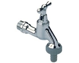 Broen aftapningsventil i krom med T-greb og slangeforskruning, 1/2" tilslutning, med indbygget kontraventil.