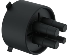 Uponor Ecoflex gummi endetætning med O-ring og spændebånd af rustfri stål, med fokus på det sorte gummi og fire rørudgange.