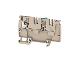 Sidevisning af Weidmüller AAP21 4 DT beige distributionsklemme, der viser dens kompakte design og monteringsegenskaber.