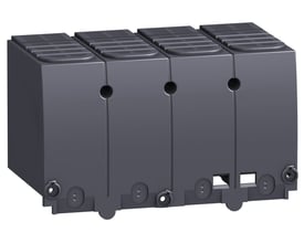 Schneider Electric 4-pole lang klemmeafdækning til NSX400-630 serie, grå plastik, vist fra siden med fokus på detaljer.