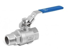 Syrefast kuglehane i rustfrit stål med 2" gevind og blåt L-formet stålgreb, mærket med 316 og 1000 WOG.