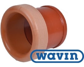 Wavin glat PVC overgang med en diameter på 250 mm, designet til betonrør, fremstillet i brun PVC.