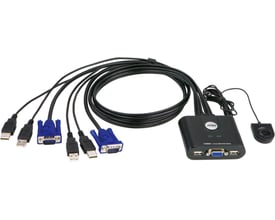 ATEN CS22U-AT KVM-switch til to computere med HD15- og USB-kabler samt separat skifteknap.