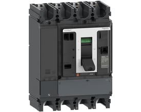 Schneider Electric ComPacT NSX500NA DC PV, 4-polet lastadskiller i mørkegrå og hvid med grøn OFF-indikator.