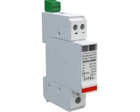 Type 2 DC SPD transientbeskyttelse, 280VDC, 2-polet Citel DS240 modul med grønne terminaler og rød markering.