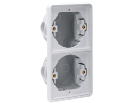 Niko 2-modul indmuringsdåse til lodret montering, vist forfra med hvid slagfast og gennemfarvet plast.