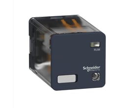 Schneider Electric RUMC stikbensrelæ med 2 CO kontakter, 10A mærkestrøm og 120V AC spænding. Relæet er i mørkeblå plast med transparent top og tydelig 'Schneider Electric' logo.