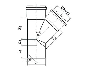 Diagram over Nicoll HT-PP grenrør med dimensioner og vinkler, Ø50 mm, 45°.