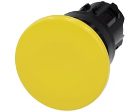 Siemens SIRIUS ACT paddetrykknap i gul plast med 40mm diameter og rund, kort aktuator på sort bagmontering.