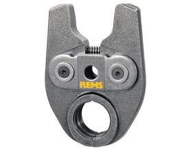 REMS pressbakke mini V 35 mm i metal med REMS logo i gul, viser den specielle V-form.