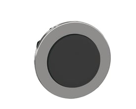 Schneider Electric Harmony XB4/ZB4 flush trykknaphoved, sort ophøjet trykflade med poleret metalramme, isoleret på hvid baggrund.