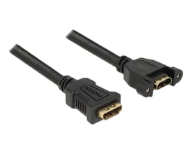 Sort Delock HDMI-kabel på 1 meter med HDMI-A-hunstik i begge ender, hvor det ene er til panelmontering.