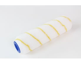 Hvid Roliba Vestan-valse med gule striber og blå endering, Ø8 mm og 25 cm lang.