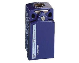 Tættere visning af Schneider Electric OsiSwitch endestop, viser den blå metalkrop og det roterende kontaktpunkt med en skrue i midten.