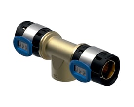 Geberit FlowFit T-stykke i blyfri rødgods med 1/2" indvendigt gevind og 16mm rørdimensioner, med blå monteringsklips.